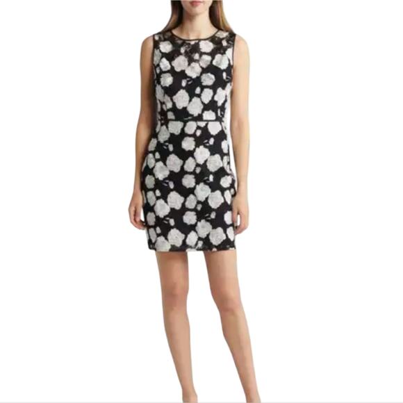 Sam Edelman‎ Floral Lace Overlay Black and White Sheath Cocktail Dress Size 12 - Picture 1 of 11